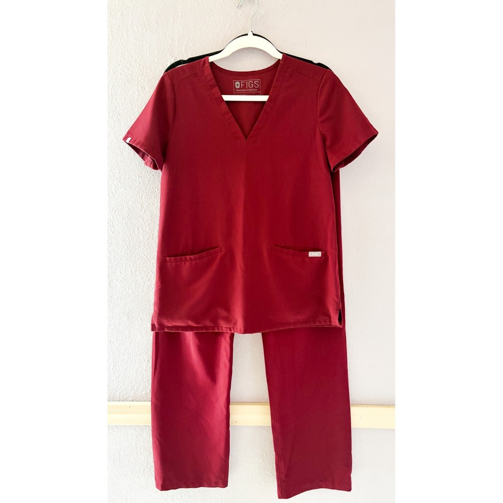 FIGS Technical Collection Womens Burgundy Scrub Set V Neck Top Pants Size XS